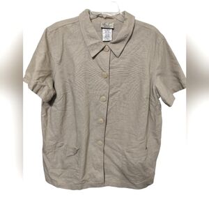 2417)Kathie Lee Women Tan Linen Blend Short Sleeve Button Down Shirt Sz 18W/20W